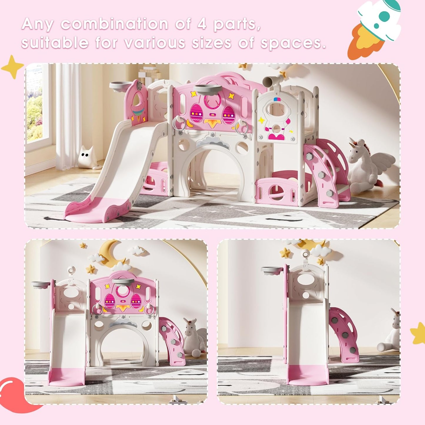NYEEKOY 9 in 1 Toddler Slide and Climber Playset Freestanding Backyard Playground for Children Age 1-4, Indoor Outdoor Kids Slide with Basketball Hoop,Telescope, Ring-toss and Storage Space
