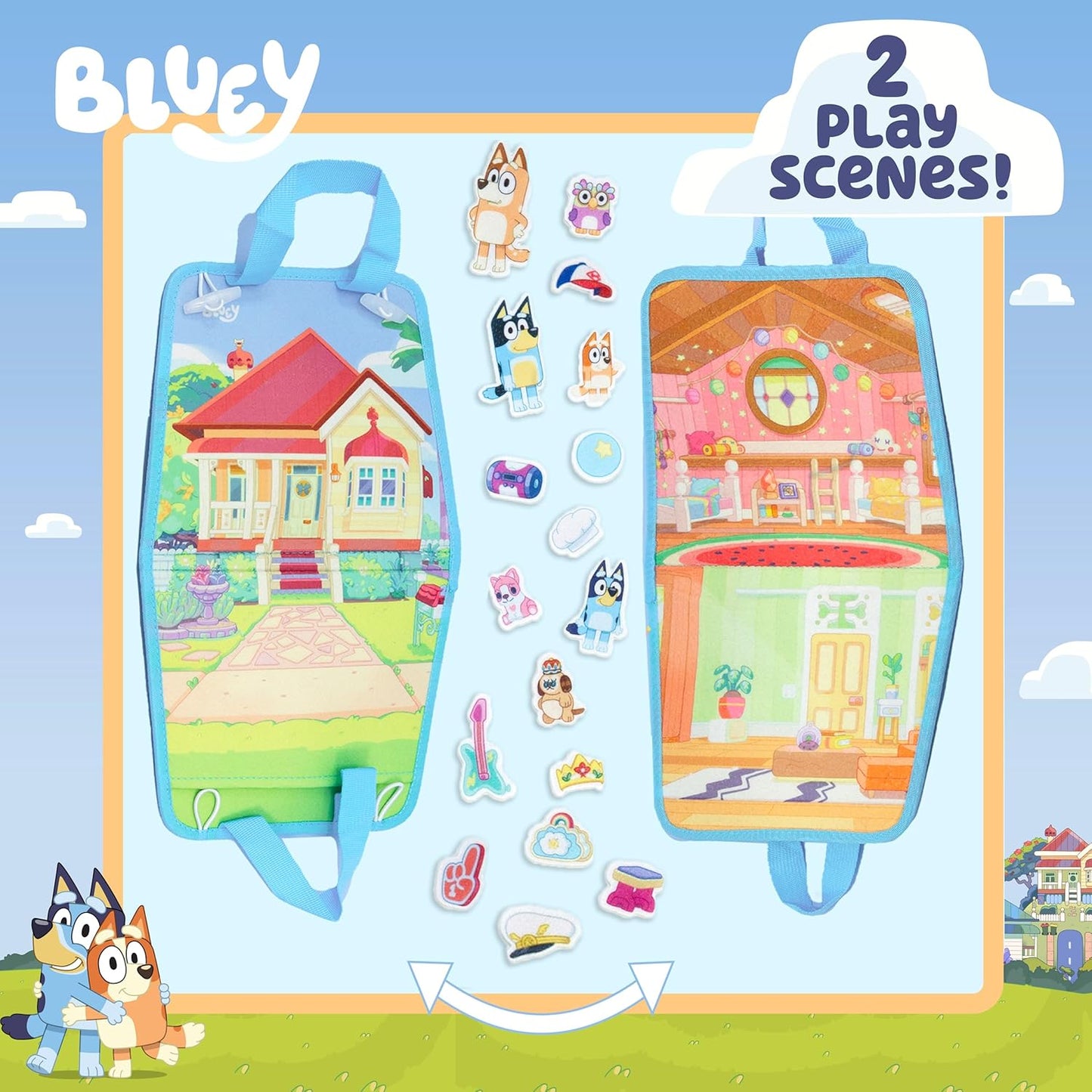 Bluey Felt Playhouse, Double-Sided Play Scene with Built-in Storage, 20 Felt Characters & Accessories, Travel-Friendly Bluey Toys, Road Trip Essentials, Toddler Activities, Fun Toys & Games