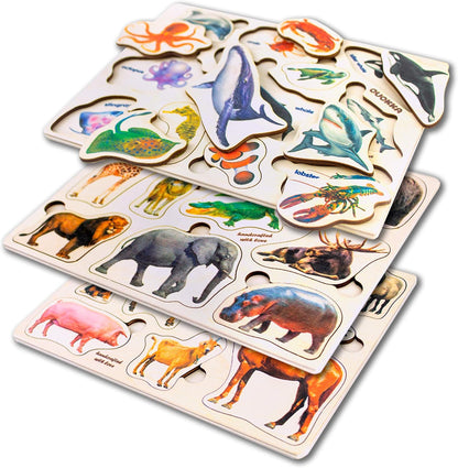 QUOKKA Wooden Puzzles for Toddlers 1-3 – 3xSET Toddler Puzzles Ages 2-4 – Montessori Animal Toy Puzzle for Toddlers 3-5 Year Old – Wood Toy Learning Realistic Animals for Boy and Girl