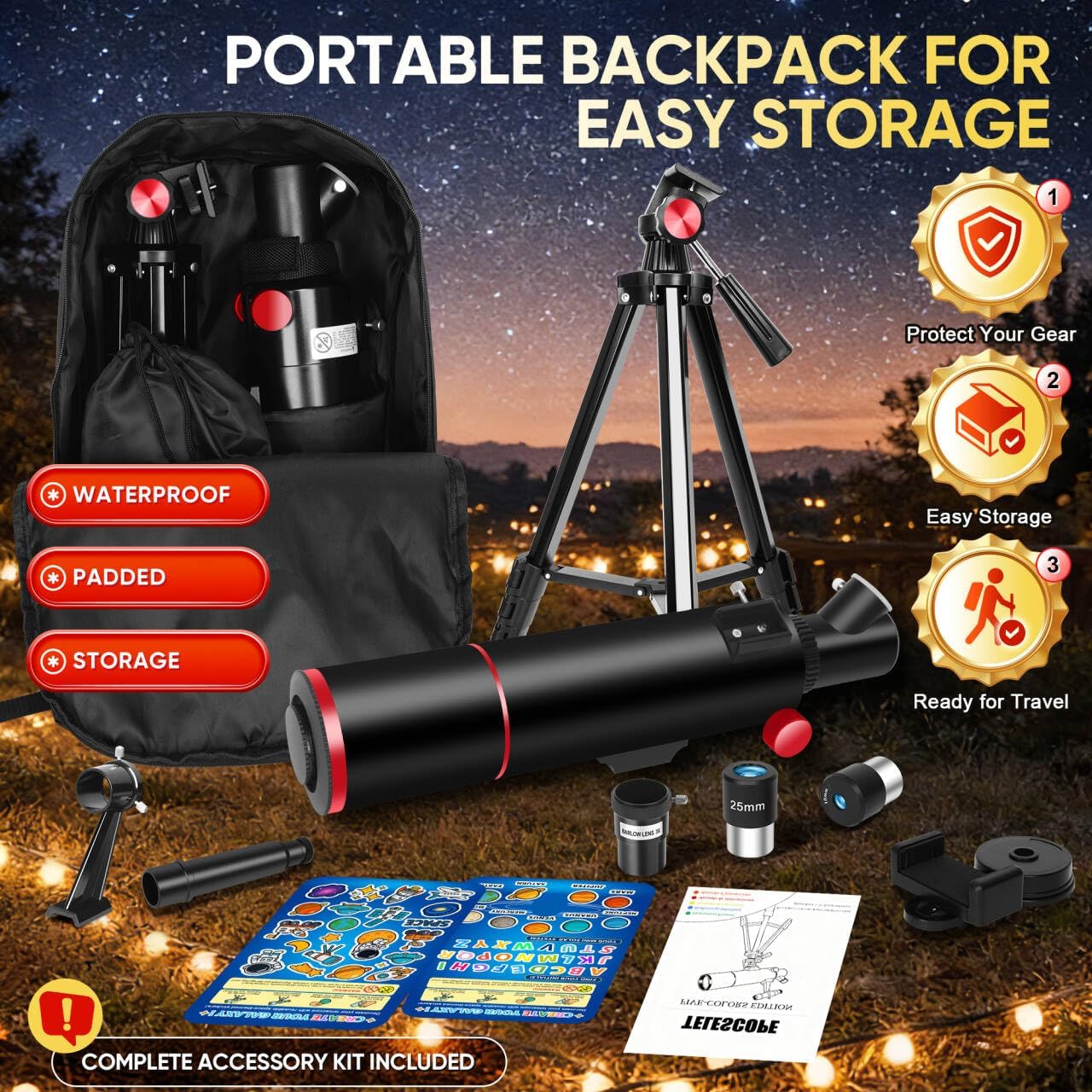 HETEKAN Telescope for Kids & Adults High Powered, 80mm Aperture 500mm Astronomy Telescope for Beginners (20X-150X), Portable Refractor Telescope with Tripod, Phone Adapter, Backpack & Stickers (Black)