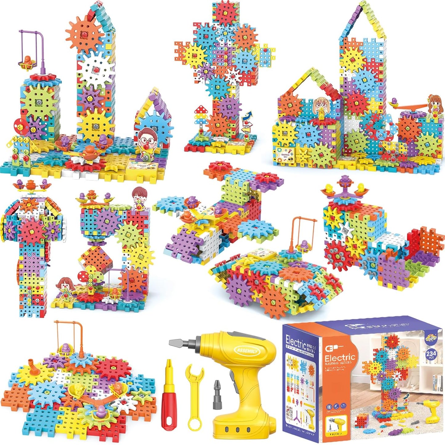 234Pcs Electric Montessori Building Blocks for Toddlers 3-5 4-8, Motorized Gear Construction Toy with Power Drill, STEM Educational Learning Set for Kids, DIY Moving Models, Birthday Gift for Boys