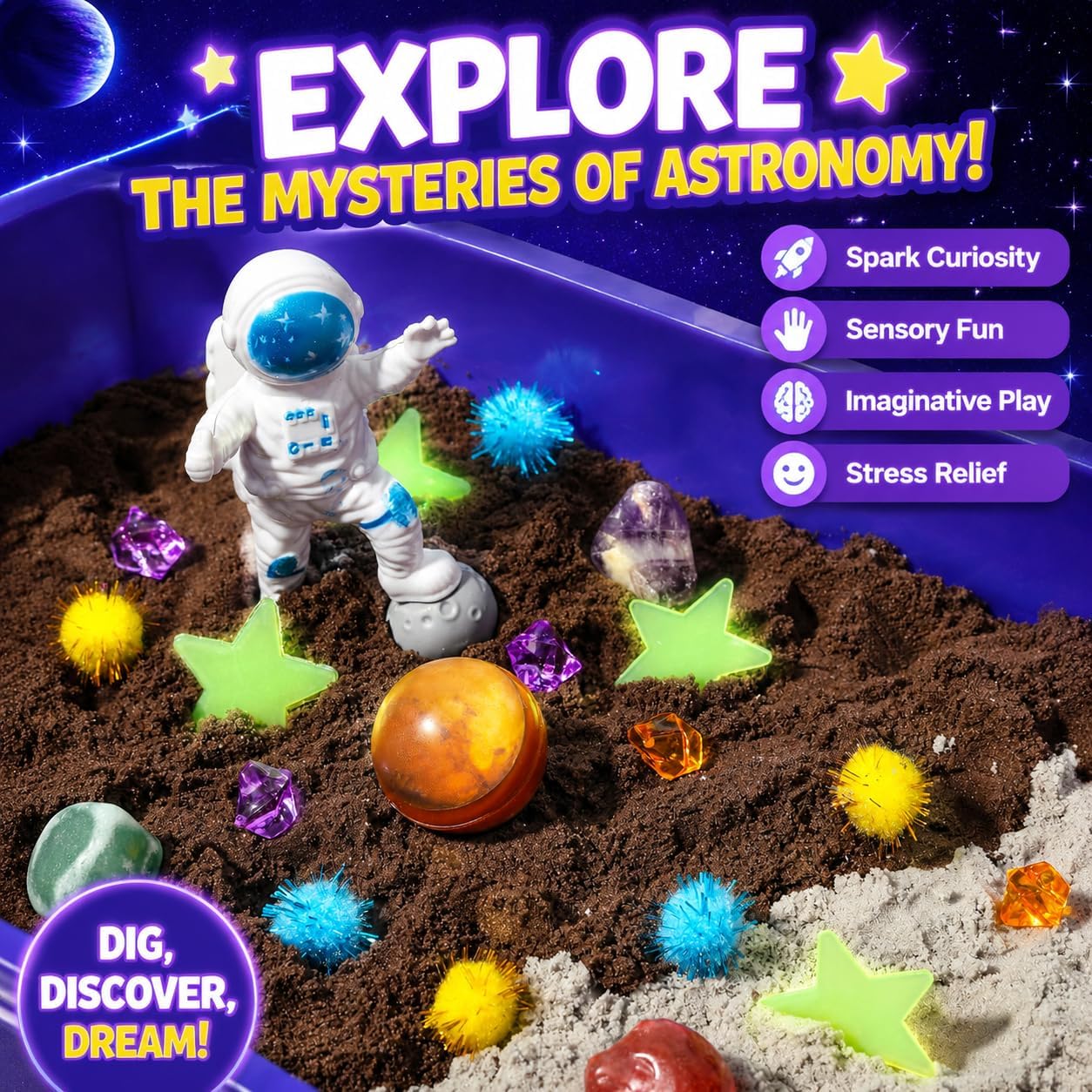Galaxy Sensory bin, Gemstone Dig Kit,Galaxy Excavation Gem Kit with 5 Real Gemstones for Kids,Space Planet Toys STEM Science Kits,Alien Sandbox Play Set for Girls Boys 3 4 5 6 Years Old