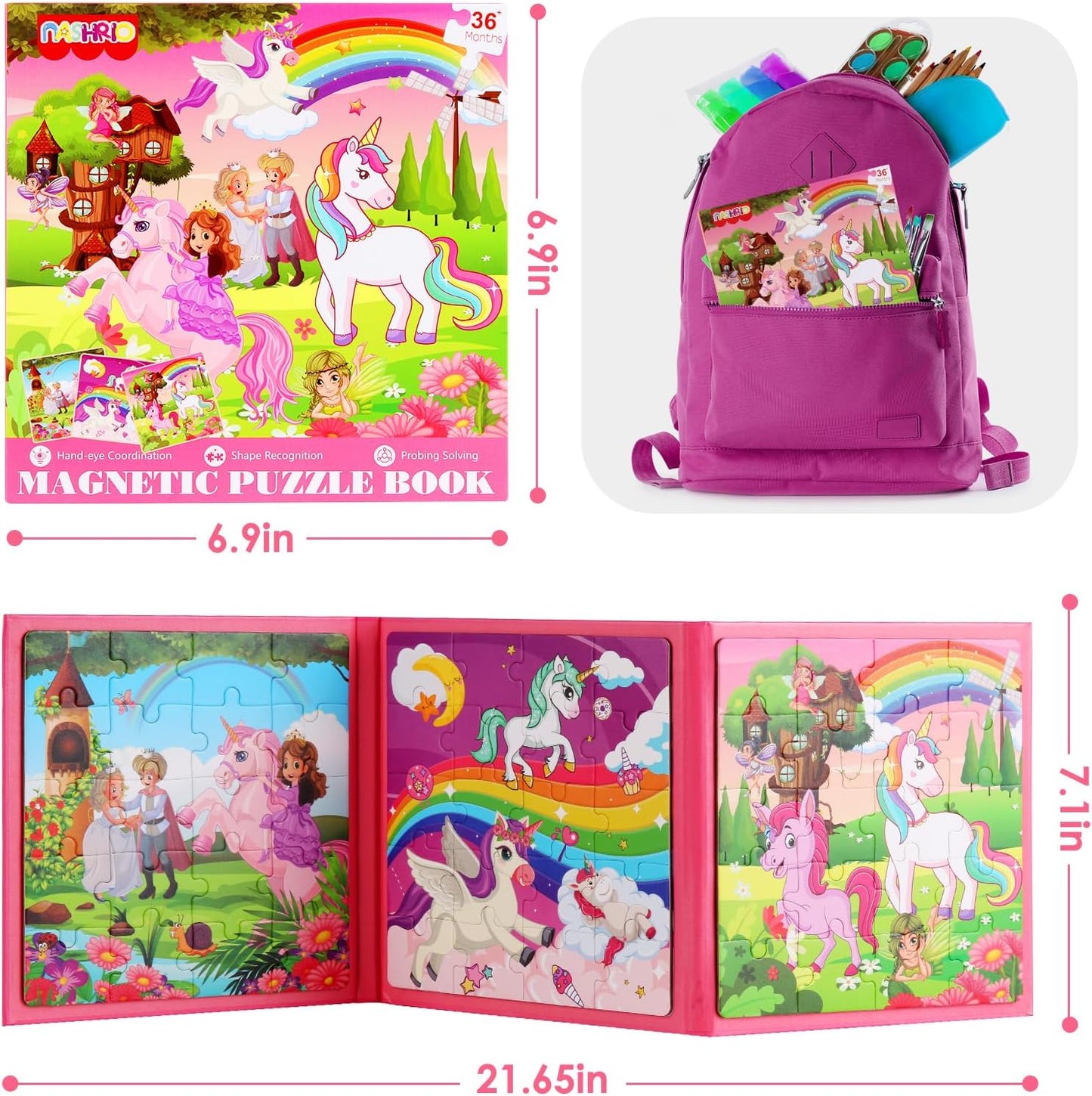 Magnetic Puzzles for Kids Ages 4-6, 20-Piece Toddler Travel Toys Unicorn Princess Puzzles Ages 3-5, Educational Learning Magnets, Ideal Road Trip Activities Toys for 3 4 5 6 Boys and Girls