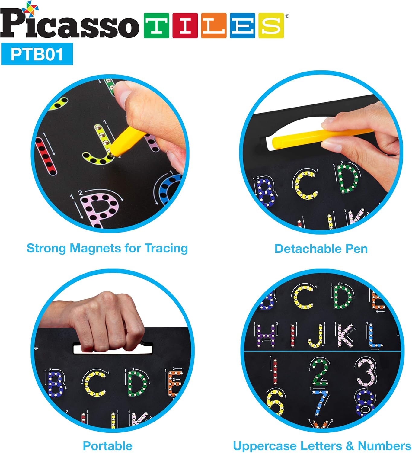 PicassoTiles Magnetic Expression Puzzle Cubes + Letters Numbers Drawing Board, 8pc Magnet Blocks w/ 36 Emotion Game Card Include, ABC A-Z Letter, Number, Freestyle Writing Erasable Magnet Tablet Pad