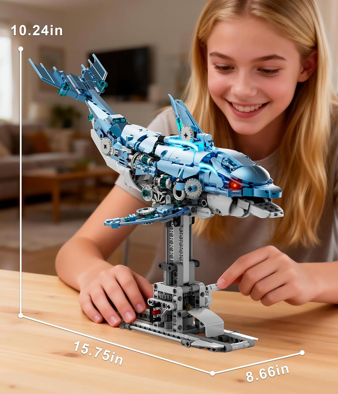 Moving Mechanical Dolphin Building Set - Hand Crank Model Kit with Swimming Tail, Movable Jaw & Glowing Lights | STEM Educational Toy & Unique Desk Decor for Ages 8+, Adults, Blue