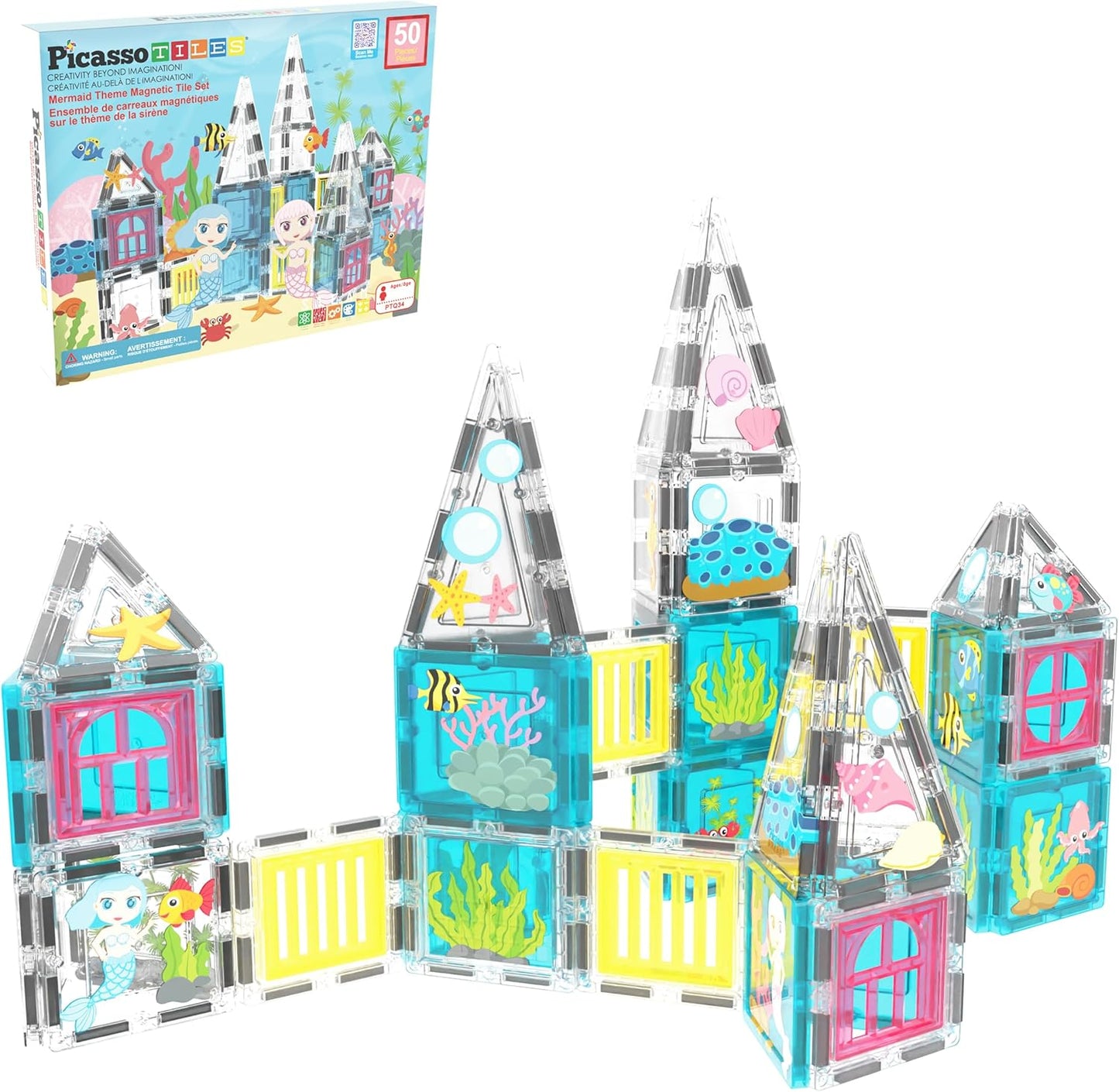 PicassoTiles Magnetic Tiles Magnet Tile Building Blocks Marine Animal World Themed Set with 8 Ocean Character Action Figures STEM Learning Toy Construction Toddlers Boys Girls Ages 3+ PTQ25