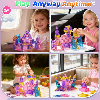 SKTMYY Travel Magnetic Tiles Set for Girls,Pink Mini Portable Magnet Toys with Iron Case,Travel Toys for Kids Ages 4-8,Ideal Toddler Birthday Valentines Day Gifts