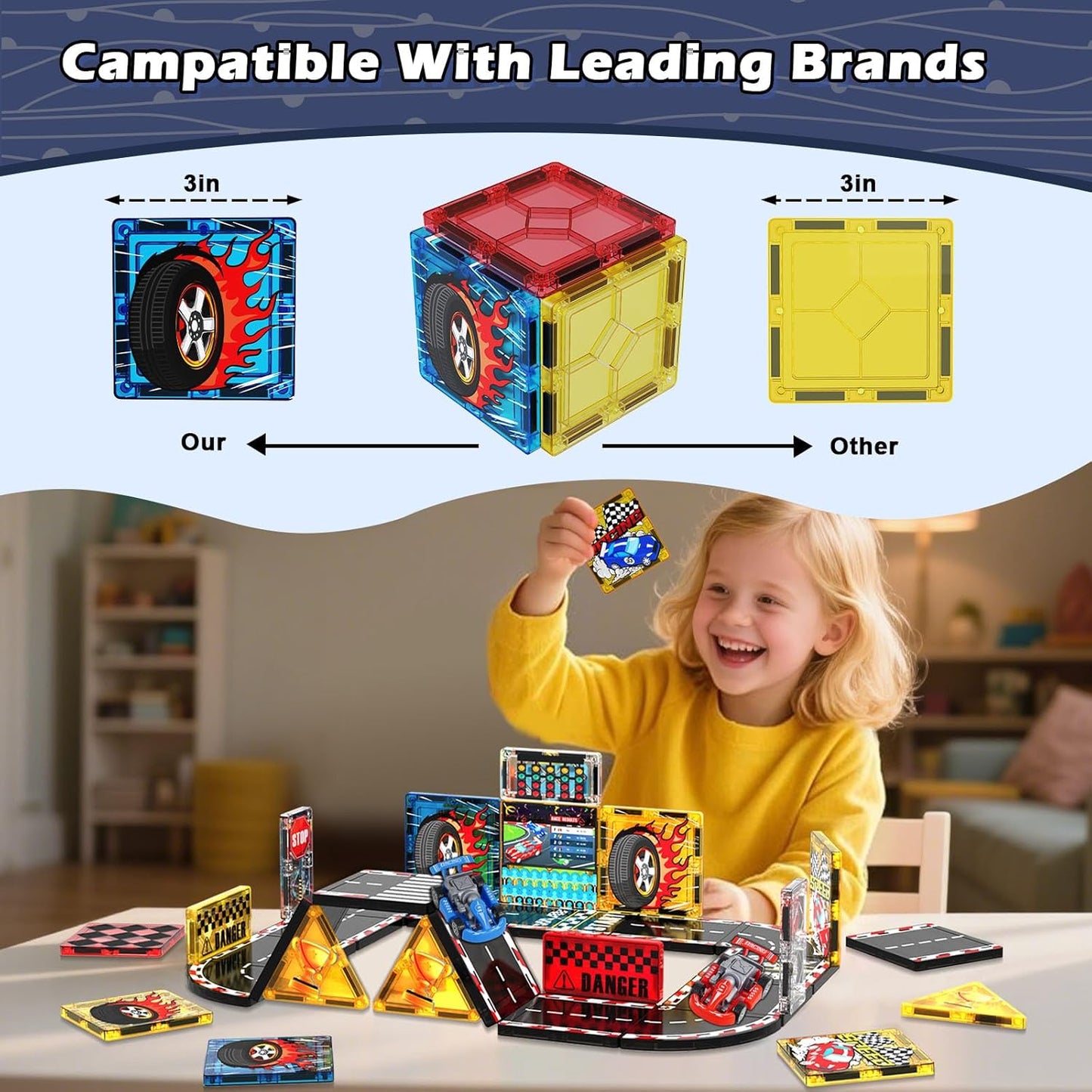 Magnetic Tiles Road Set | Magnet Tiles Race Track, Magnetic Car Racing Tile for Kids Ages 4-8 5-7, Toddler Magnet Building Toys STEM Learning Sensory Birthday Gifts for 3+ Years Old Boys Girls