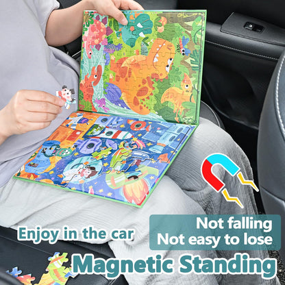 D-KINGCHY Magnetic Puzzles for Kids Ages 5+, 2-in-1 Puzzle Book 60 72 Pieces, Travel Jigsaw Puzzles, Road Trips Toys for 5 6 7 8 Boys Girls Birthday Gift (Dinosaur and Space)