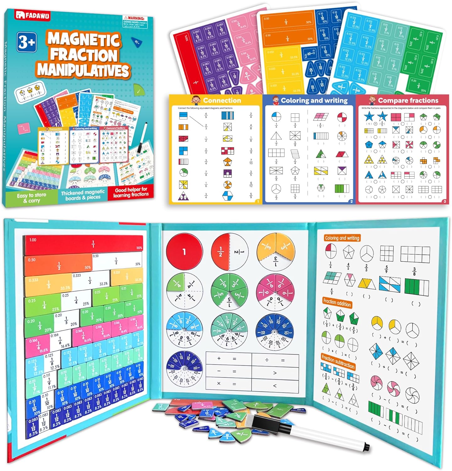 Large Magnetic Fraction Demonstration Book, Magnetic Fraction Educational Puzzle with Tiles & Circles, Montessori Fraction Manipulatives for Elementary School, Maths Learning Toys for Kids
