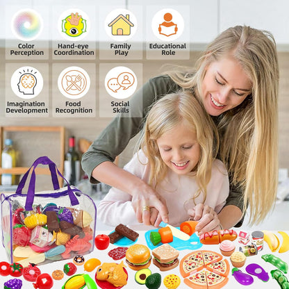 81PCS Cutting Play Food Sets for Kids Kitchen, Fake Food Toys with Storage Bag, Toy Food Set Pretend Food/Fruit/Vegetable Kids Play Kitchen Food Toys Christmas Birthday Gifts Toy for Toddler Children