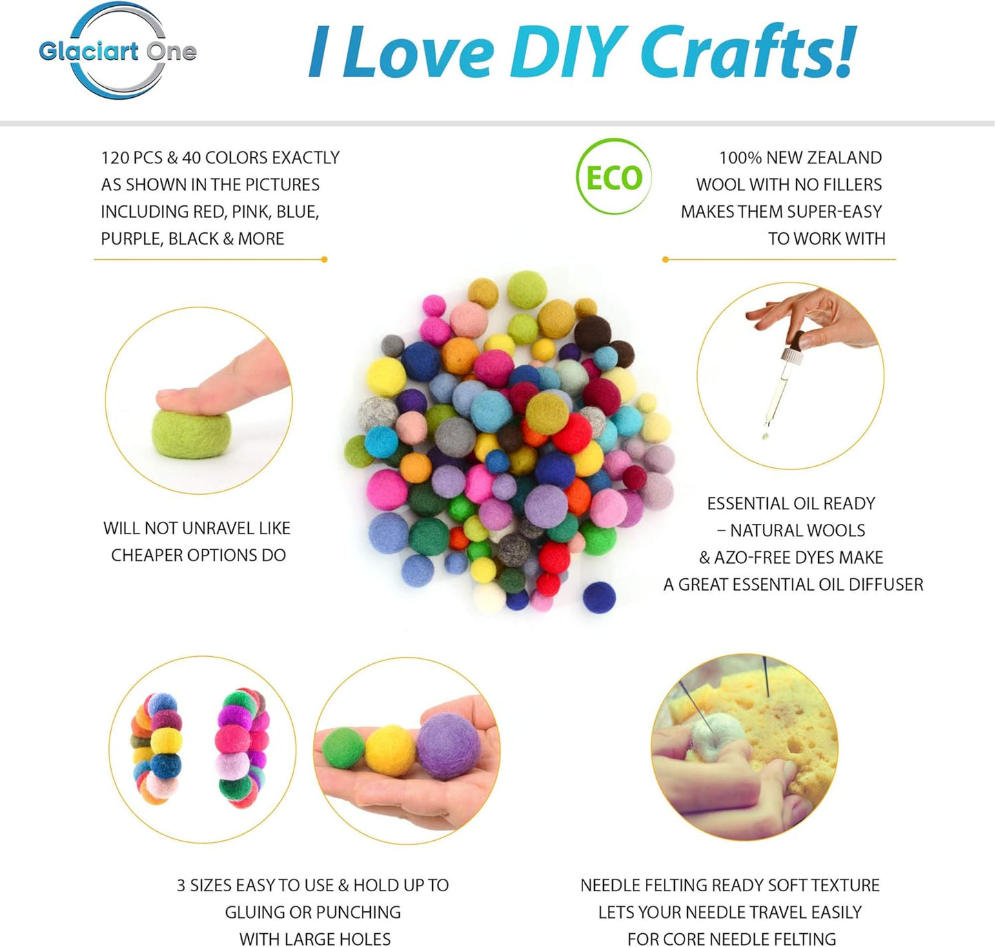 Glaciart One Wool Felt Balls (50 Pieces) 2.5 Centimeters - 1 Inch, Handmade Felted 5 Valentines Colors (Baby Pink, Medium Pink, Magenta and More) - Bulk Small Puff for Felting and Garland