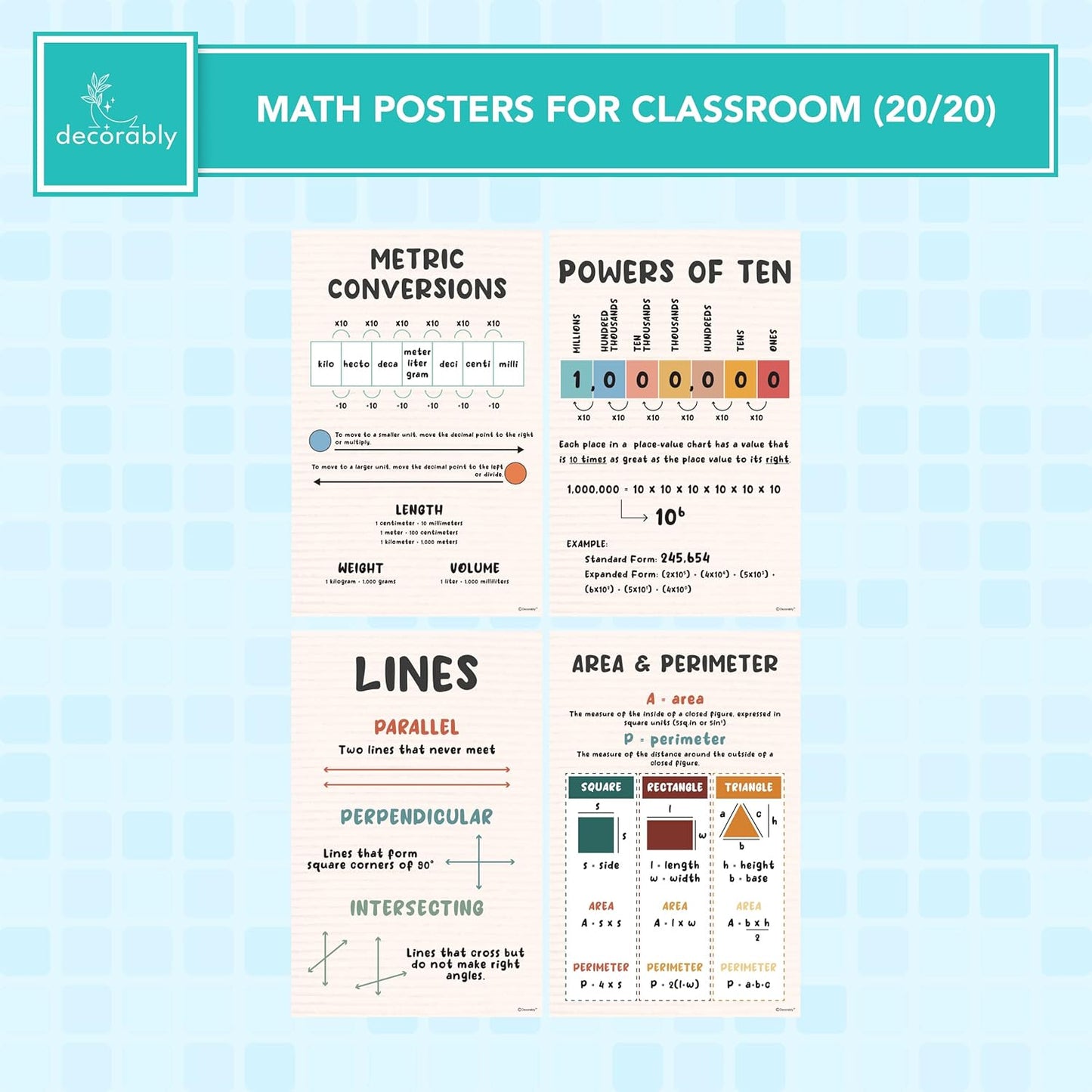Decorably 20 Rainbow Boho Math Posters for Classroom, 11x17in Educational Matte-Laminated School Decor - for Hallways, Bulletin Boards, Home Study Room