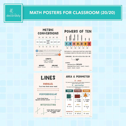 Decorably 20 Rainbow Boho Math Posters for Classroom, 11x17in Educational Matte-Laminated School Decor - for Hallways, Bulletin Boards, Home Study Room