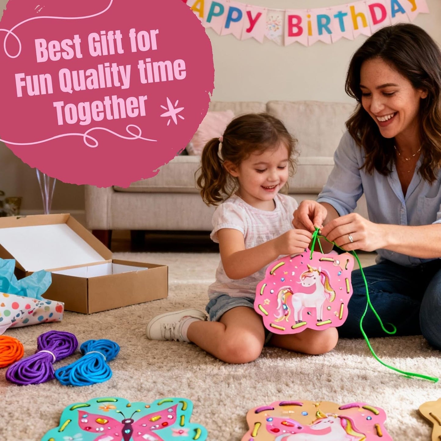 CRAFTILOO Lacing Cards for Kids Ages 3-5 - 8 Princess Sewing Cards with Gem Stickers, Toddler Lacing Toy, Fine Motor Preschool Threading Activity for Ages 4-8