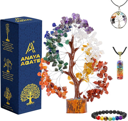 ANAYA AGATE 7 Chakra Healing Crystal Tree of Life Kit, Bracelet, Pendant, Necklace, Feng Shui Money Bonsai Tree, Positive Energy for Women, Mom, Sister and Housewarming Decoration