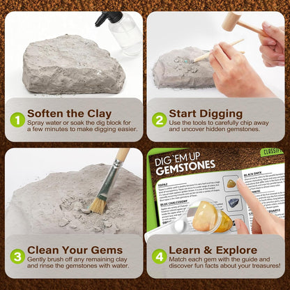 LotFancy Gemstone Dig Kit, Excavate 20 Real Gems, Science Kit for Kids Age 8-12, Educational Toy, Birthday Gift for Boys Girls with Mining Tools