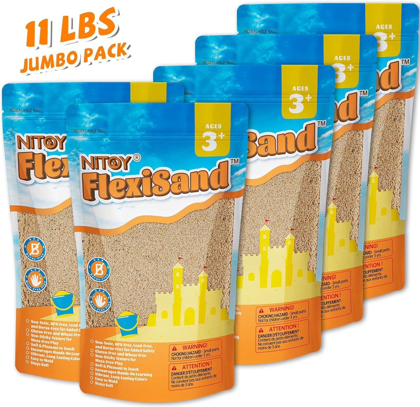 NiToy FlexiSand 19 lbs Moldable Self-Sticking Sand, Never Dries Out Fun for Over 3 Years Old Kids Bulk Refill for Sensory Sand Box Toys, Ideal for Shaping, Squeezing and Rolling (Dark Yellow)