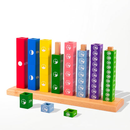 Premium Large Montessori Fractions Skittles Fraction Tower Cubes – 21.3" Solid Beechwood Fraction Manipulatives, 8 Color-Coded Towers with Fractions Decimals Percents & Circle Graphics, Ages 6-12