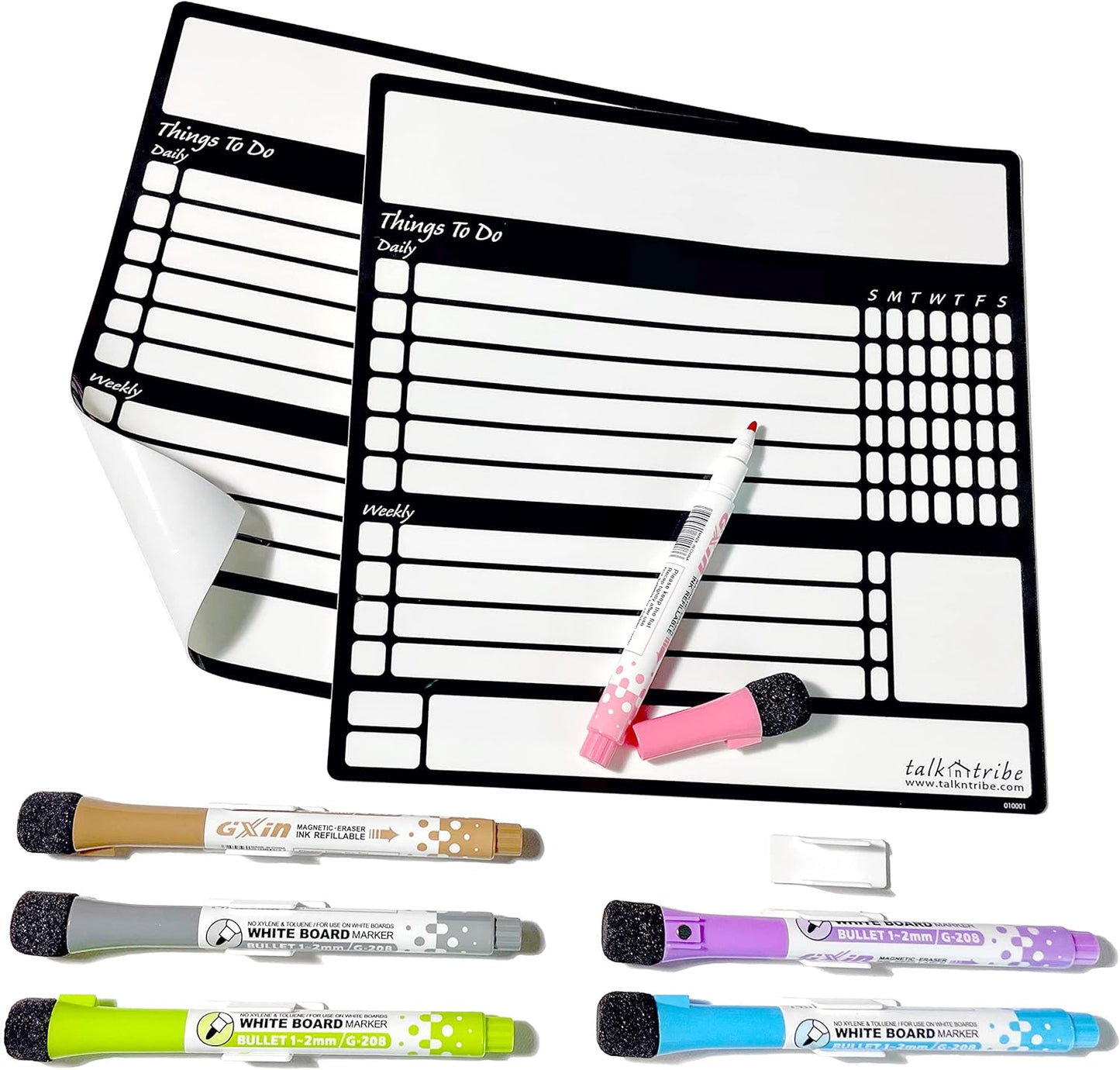 Reusable Peel and Stick Whiteboard for Adult and Teen Chores. (2 Pack with Fine Tip Pens)