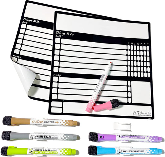 Reusable Peel and Stick Whiteboard for Adult and Teen Chores. (2 Pack with Fine Tip Pens)