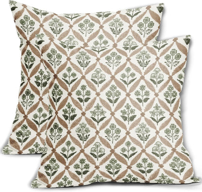 Blue Green Floral Block Print Pillow Covers 12X20 Set of 2, Flower Pattern Spring Summer Print Decorative Throw Pillow Covers Outdoor Farmhouse Seasonal Cushion Case Couch Sofa Bed Decor