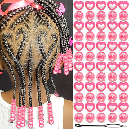 60PCS Pink White Hair Beads for Braids Three Styles Cute Loc Beads Heart Shape Bead for Kids Dreadlock AB Color Round Pony Bead Accessories