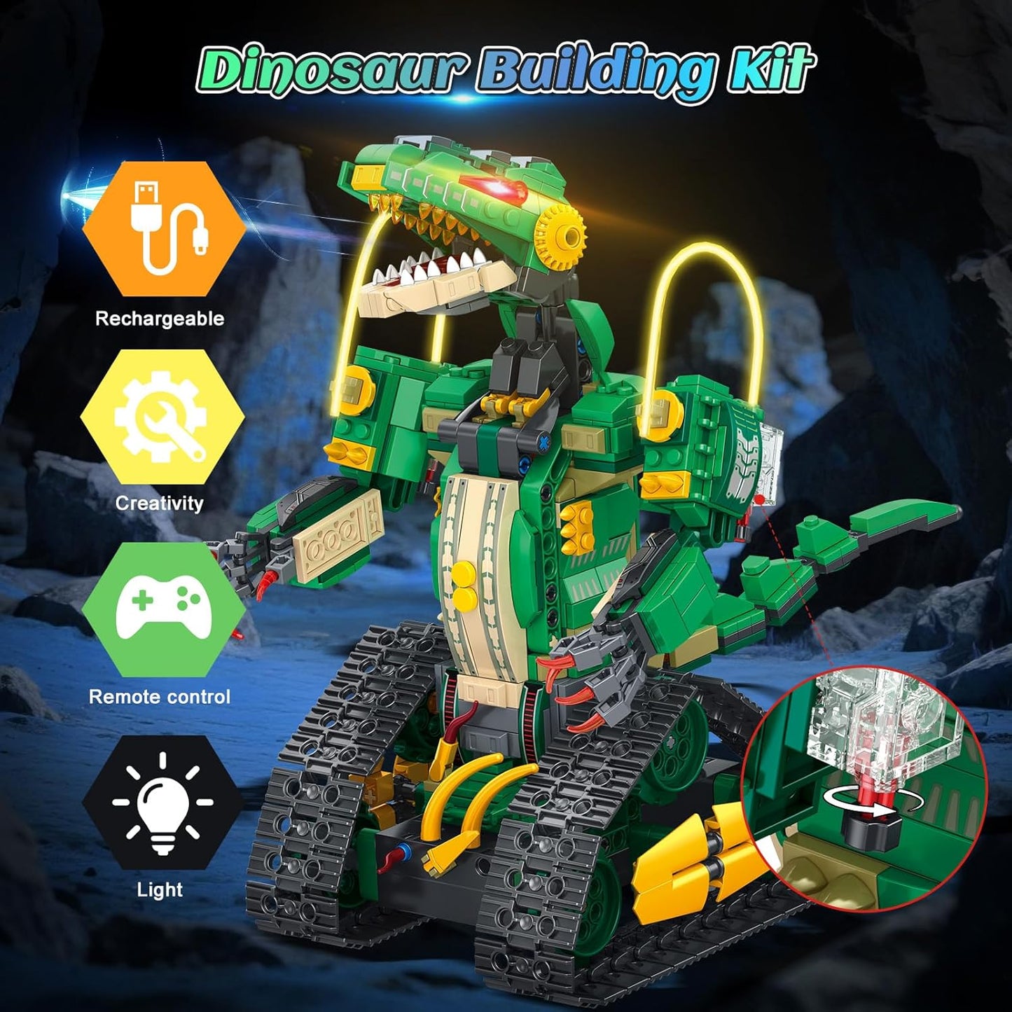 HiWEEGO RC Dinosaur Building Toy with Light, 5 in 1 Remote Controll Building Block Kit, 877 PCS Tech Rechargeable Dinosaur Robot Toys Easter Birthday for Kids Boys Age 8 9 10 11 12+