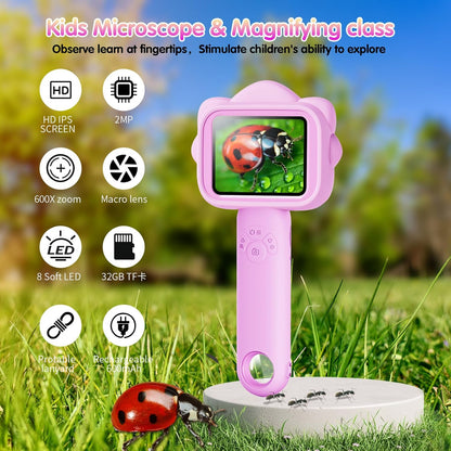 Microscope for Kids – Kid Mini Microscopes with 32GB SD Card, 500x Magnification, Fixed Focus & Prepared Slides, STEM Educational Science Kit for Children (Purple)