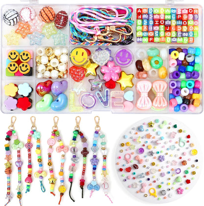 DEMIUKO DIY Bead Keychain Making Kit, 296PCS Beaded Bag Charm Making Kit with Colorful Beads Letter Alphabet Name Beads Flower Heart Jewelry Making Kit Bead Supplies Crafts Gifts