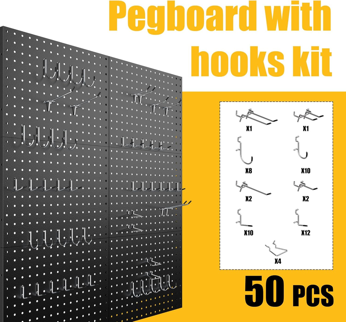 Spampur Peg Board, 4 Pack Metal Pegboard Panels with 50 Hooks, Black Pegboards Wall Organizer, Heavy Duty Peg Board for Walls Home, Garage Tool Storage, Office Organization, Craft Room, Kitchen