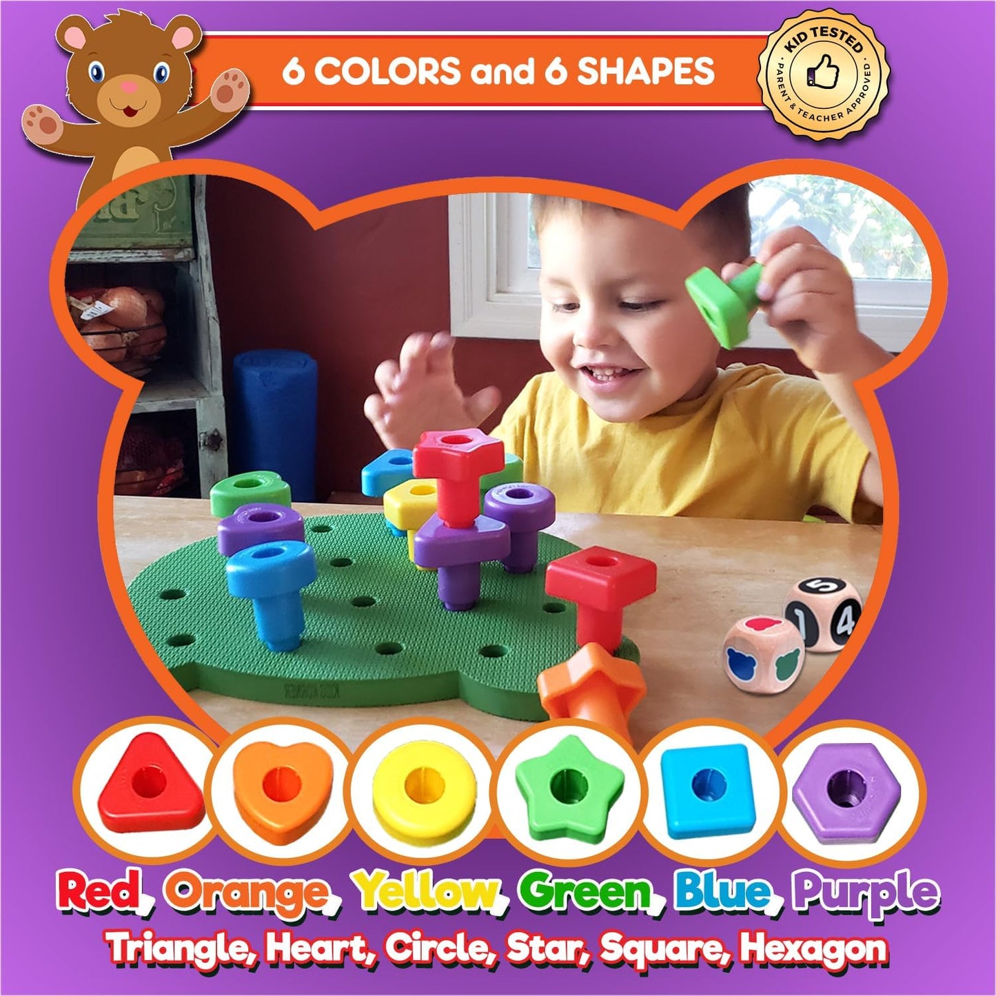 Jumbo Stacking Shapes Pegboard Set for Kids with 18 Pegs, 2 Wooden Dice, Lacing String & Storage Box (Standard Rainbow Colors)