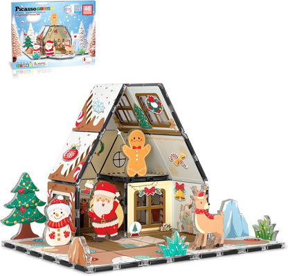 PicassoTiles Magnetic Tile Christmas Holidays Cottage Building Set with Santa Elves Nutcracker 6 Character Figures STEM Educational Construction Toy Winter Magnet Block Gift for Kids Age 3 Plus PTQ08