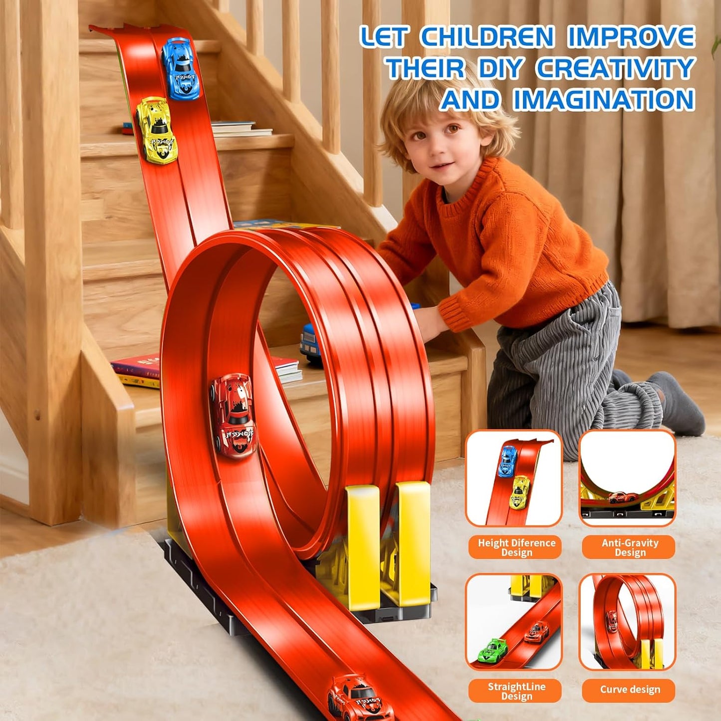 16.5ft Build Anywhere Portable Race Track with Suction Cups - Flexible Roll-Up Design Fits 1/64 Scale Cars, Portable Toy Gift for Kids 4+ Year Old (3 Tracks/Red)