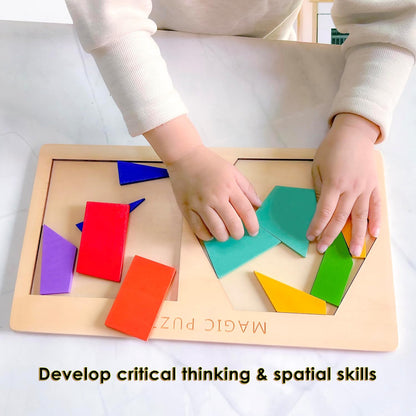 KINGOU 2-in-1 Wooden Tangram Puzzle for Kids & Adults, Hexagon and Square Brain Teasers Intelligence STEM Toys, Geometric Shape Block Jigsaw Games, Desktop Mind Puzzles Travel Gift for Ages 4-8 8-12