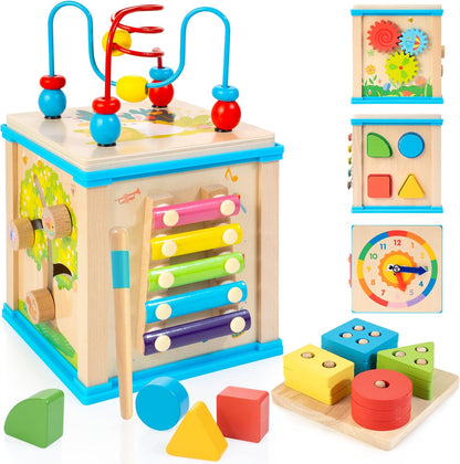 WOODMAM Wooden 7-in-1 Activity Cube| Montessori Toys for 1 Year Old Toddlers| Baby Educational Developmental Toys |One Year Old Boys Girls First Birthday Gifts |Bonus Sorting & Stacking Board