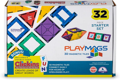 Playmags Magnetic Tiles for Kids 100-Piece Set, STEM Educational Building Blocks Toys for Kids, Includes Click-in ABC Learning Tiles, Gift for Boys & Girls, Add on Magnetic Figures, Car Set Available