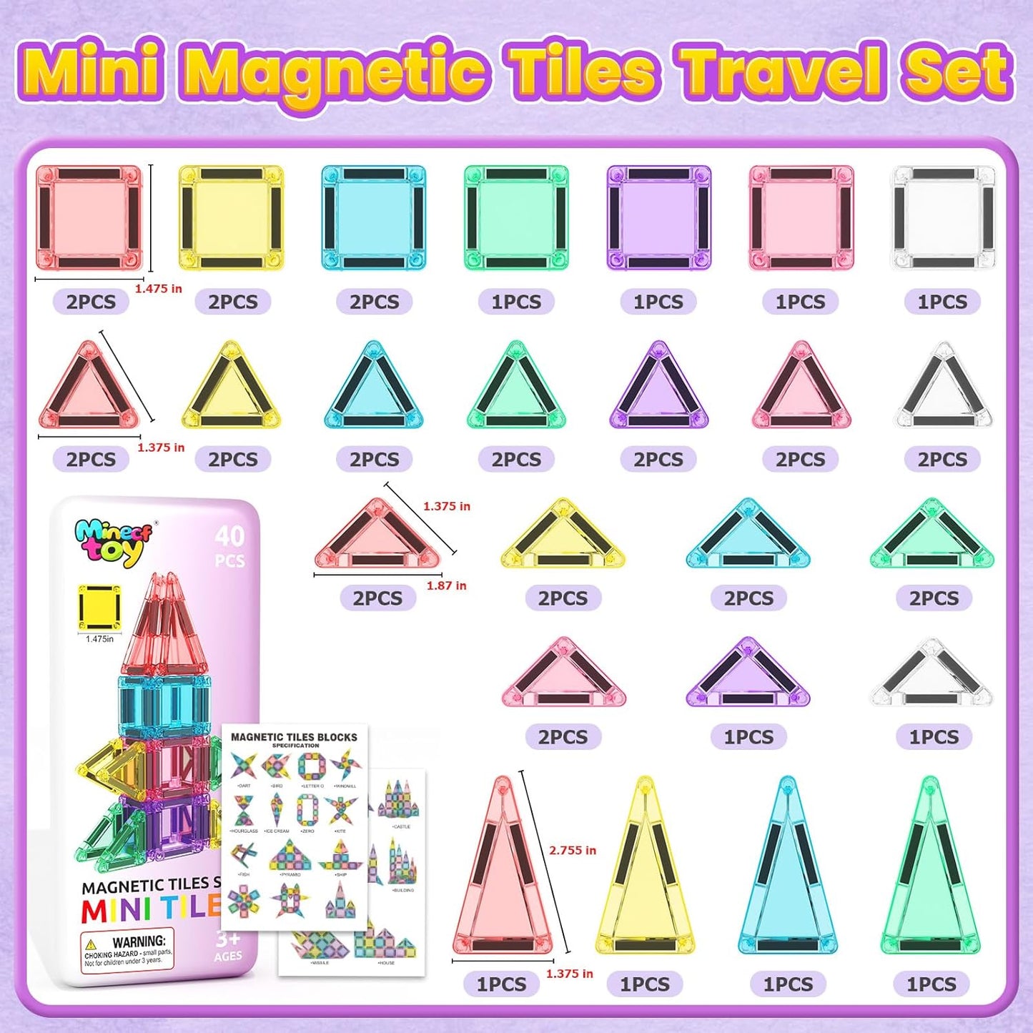 40PCS Magnetic Tiles Mini Travel Essentials Toddler Toys with Case Set, Preschool Montessori Education Magnetic Building Blocks Games Sensory Toys for 3 4 5 Year Old Boys Girls Birthday Gifts