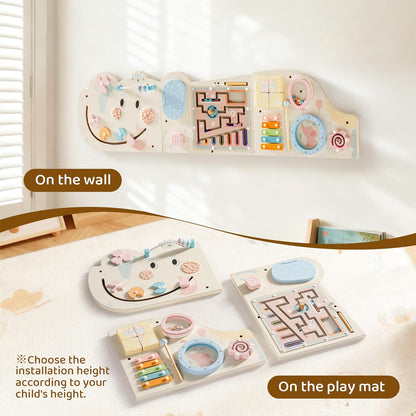 ROBUD Elephant Montessori Busy Board, 12-in-1 Activity Wall Busy Board, Montessori Sensory Wall Panel for Boys & Girls, Toddler Learning Activity Center for Playroom, Nursery, Pink