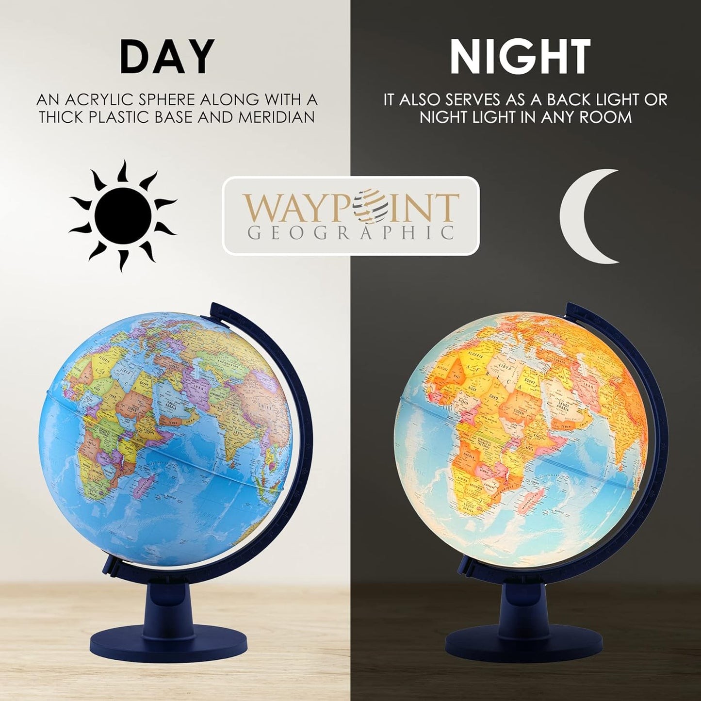 Waypoint Geographic Scout+ Illuminated With Map, World Globe for Kids, Decorative Classroom Globe with Stand, More than 4000 Places, 12” Interactive, Bonus Map Included, Blue