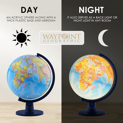 Waypoint Geographic Scout+ Illuminated With Map, World Globe for Kids, Decorative Classroom Globe with Stand, More than 4000 Places, 12” Interactive, Bonus Map Included, Blue
