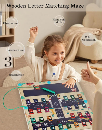 Magnetic ABC Parking Board,2025New Wooden Magnetic Alphabet Maze Letter Puzzle Board,Montessori Alphabet Parking Maze,Preschool Educational ABC Learning Fine Motor Skills Game Christmas Birthday Gift