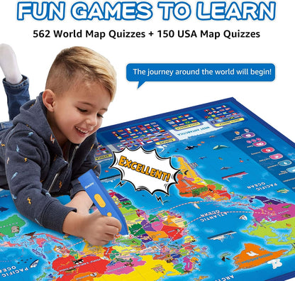 Qiaojoy Bilingual Interactive World Map for Kids Learning and Educational Toys, Talking Electronic Kids World Map i-Poster Geography Games Ages 3 to 12 Years Old, Custom Talking Birthday Gifts Card