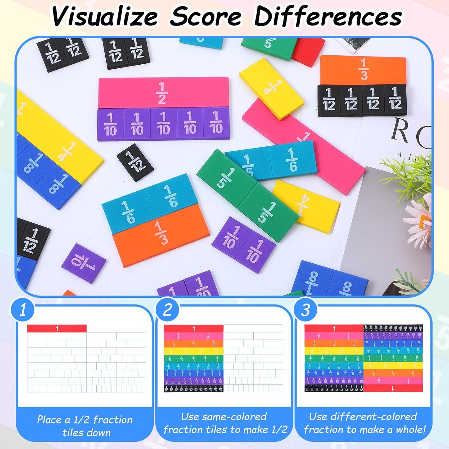 12 Sets Rainbow Fraction Tiles Set, Plastic Fractions Manipulatives Math Magnetic Learning Manipulatives for The Home Curriculum