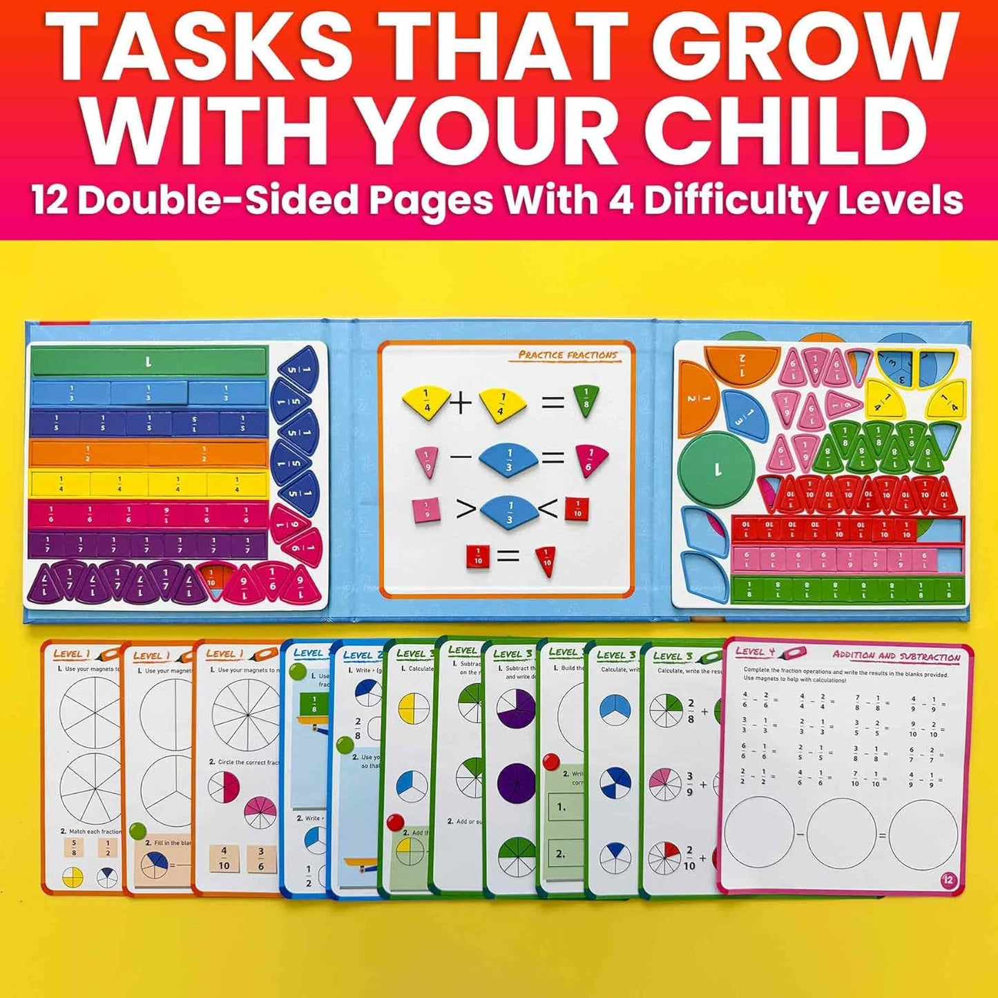QUOKKA Magnetic Puzzles for Kids Ages 4-6 – Magnetic Fractions Learning Set for Kids 6-12 – Math Games for Homeschooling, Classrooms & Travel – 110 Magnets, 12 Task Pages, Marker – Toddler Travel Toys