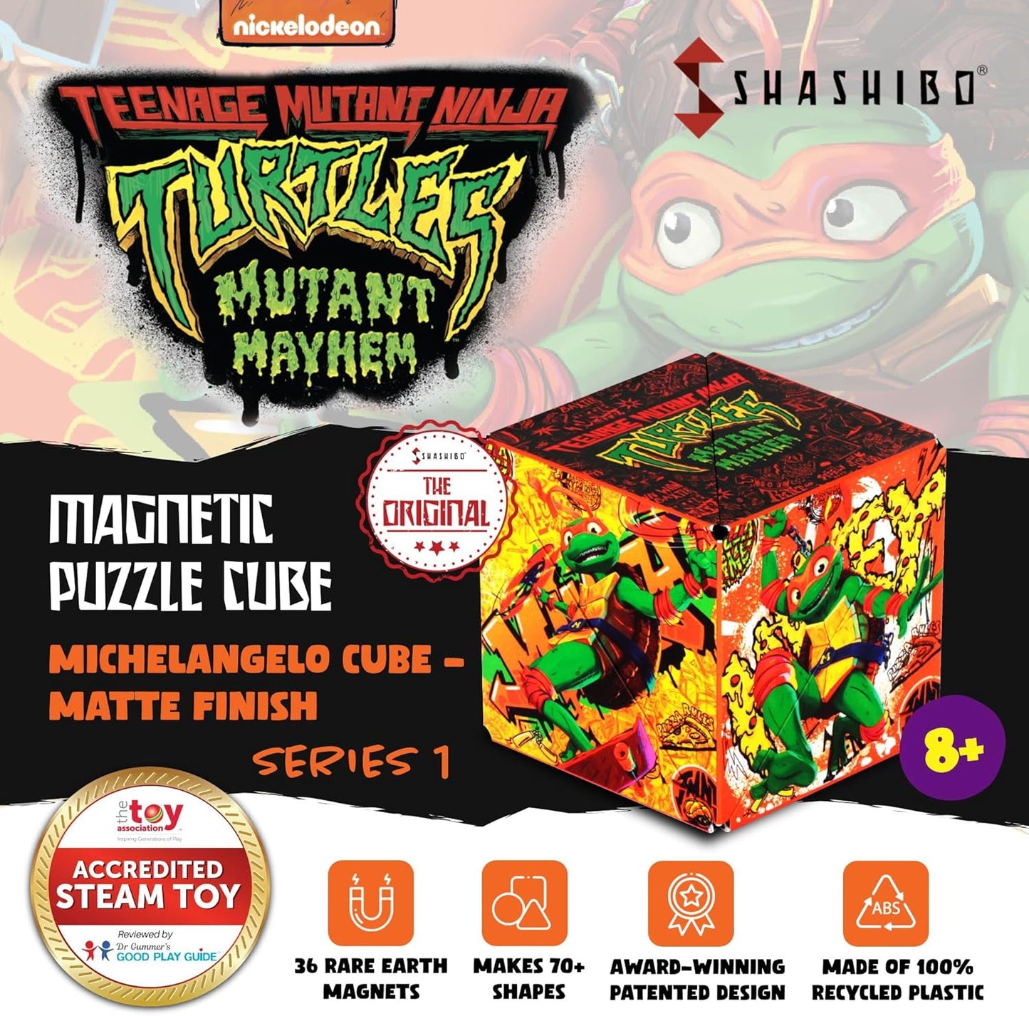 SHASHIBO Teenage Mutant Ninja Turtles Shape Shifting Box - STEM Magnetic Fidget Cube that Transforms Into Over 100 Shapes, Download Fun in Motion Toys Mobile App (Raphael)