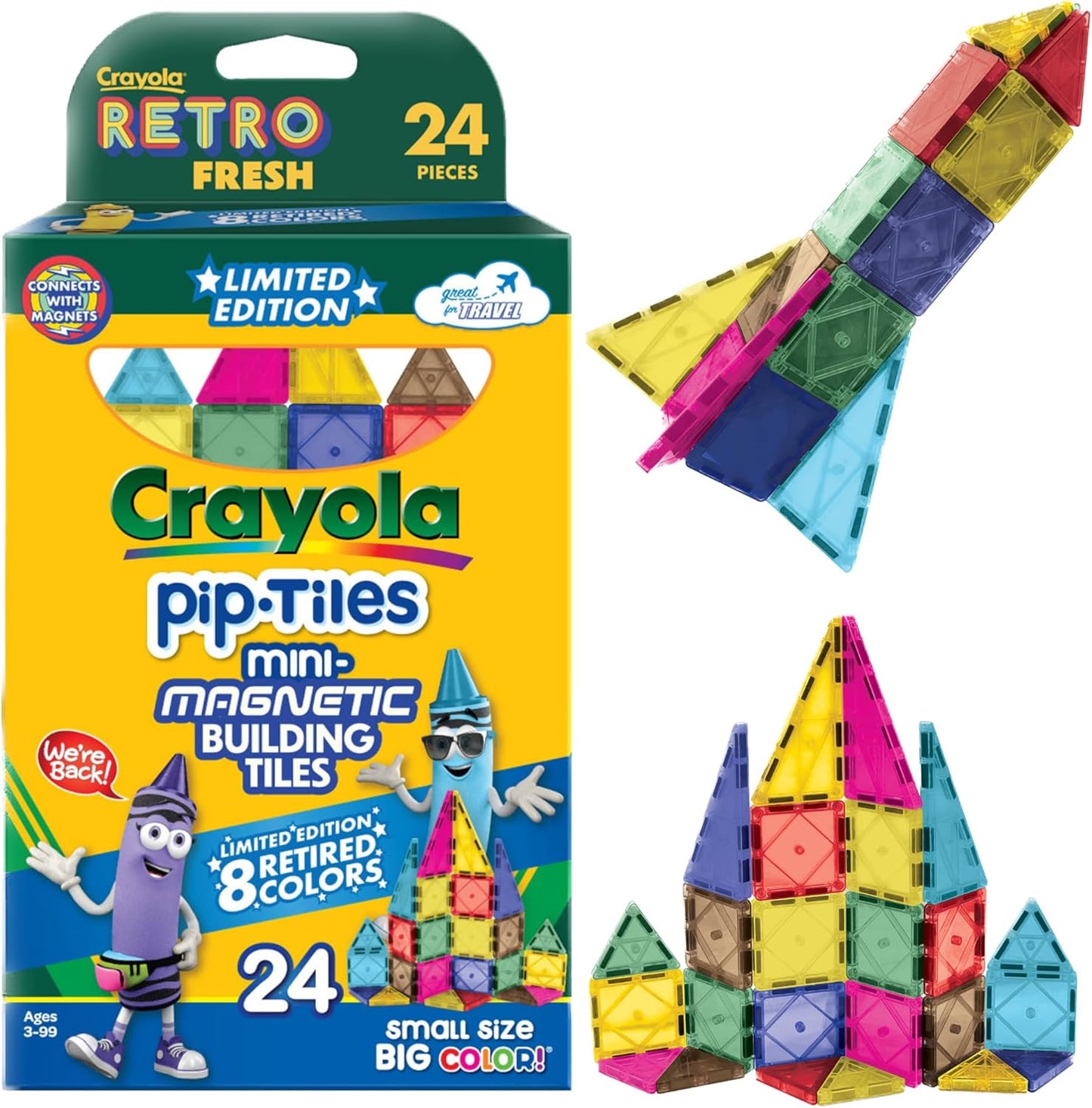 CreateOn Crayola Mini Magnetic PIP-Tiles, Building Set for Kids, Magnetic Building Toys for Kids, STEM Travel Toys for Boys and Girls Ages 3+, 24-Piece Set (Glitter)