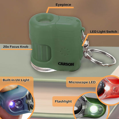 Carson MicroMini 20x Lighted Compact Pocket Microscope, UV and LED Flashlight, Orange (MM-280O)