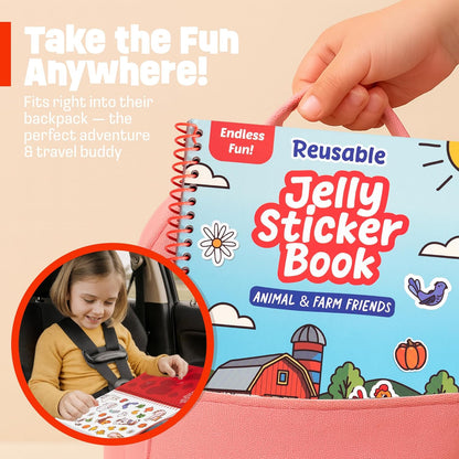 Reusable Jelly Sticker Book - Farm, 7 Scenes - 50 Thick Washable Stickers for Toddlers & Kids: Animals Stickers for Kids, Gift for Ages 3-5 Years Old - Toddler Travel Toys 2-4, Road Trip Activities