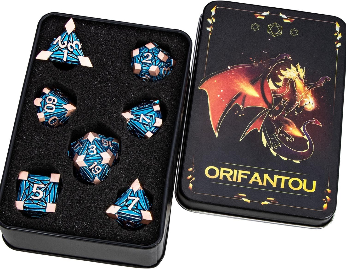 7PCS Metal DND Dice Set with Box, Debris RPG Blue White D and D Dice for D&D Tabletop Games Role Playing Game Polyhedral Dice Set D20 D12 D10 D8 D6 D4